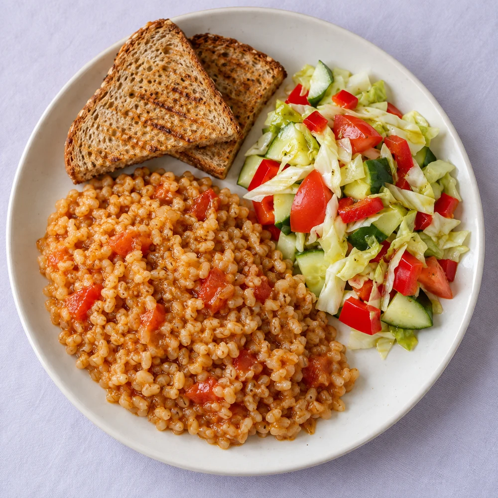 A real-looking plate of toast, porridge and vegetable salad